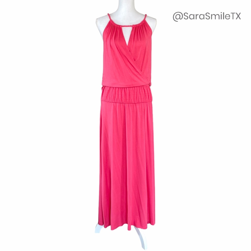 BEBE Bright Coral Pink Keyhole Halter Summer Maxi Dress